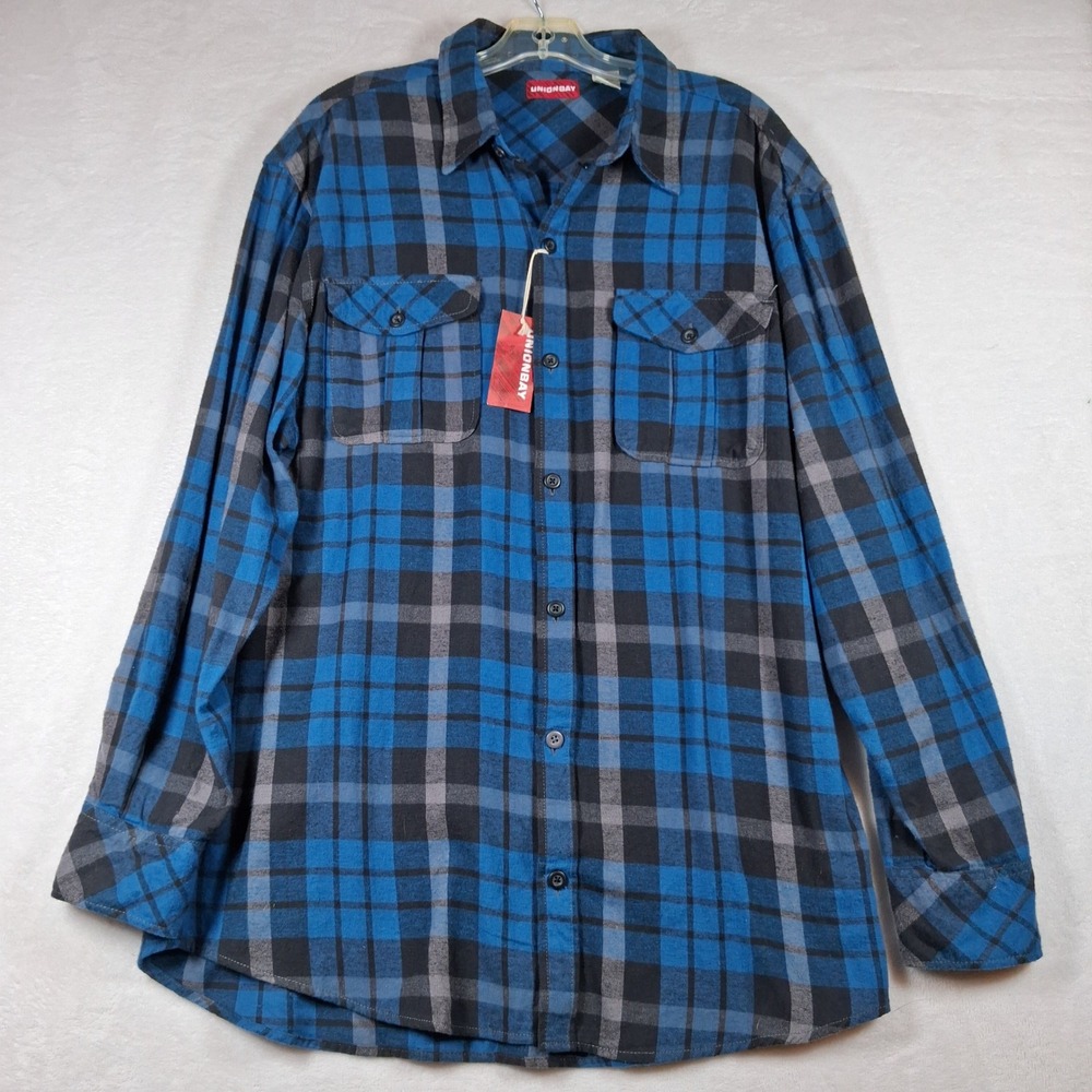 Unionbay Mens XXL Blue Black Plaid Flannel Button Down Shirt Pockets NWT